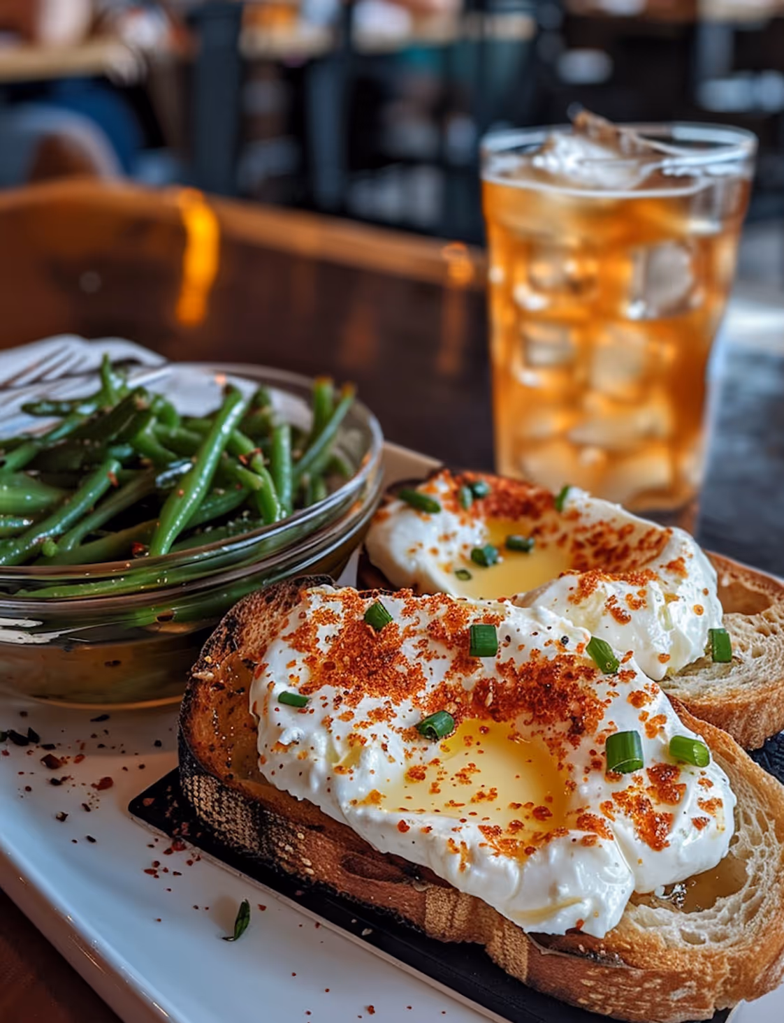 Two poached eggs seasoned with paprika and chives on toasted bread, served with a bowl of green beans and a glass of iced tea.